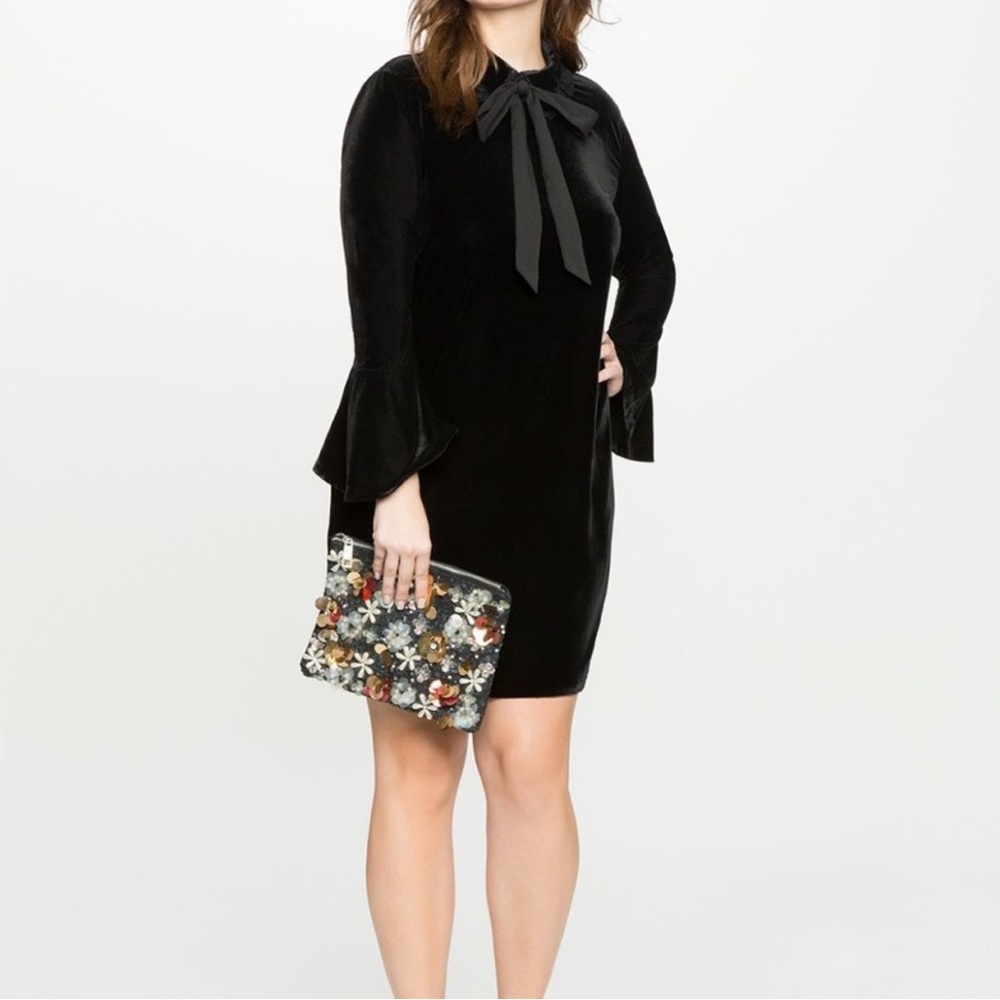 Eloquii Velvet Neck Tie Bell Sleeve Shift Dress Black